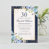 Invitation d'anniversaire 30 ans à fleurs bleu or  (Debout devant)