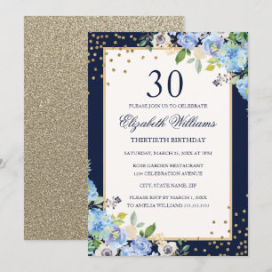 Invitation d'anniversaire 30 ans à fleurs bleu or
