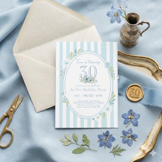 Invitation d'anniversaire 30 ans à rayures bleues 