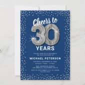 Invitation d'anniversaire 30 ans Bleu & Argent (Devant)