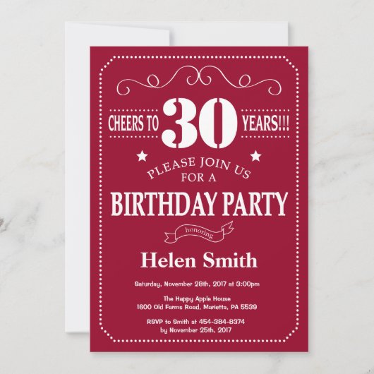 Invitation d'anniversaire 30 ans Bourgogne Rouge e (Devant)