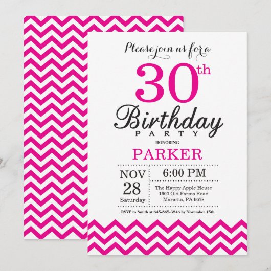 Invitation d'anniversaire 30 ans Chevron rose chau (Devant / Derrière)