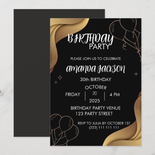 Invitation d'anniversaire 30 ans en noir abstrait (Devant / Derrière)