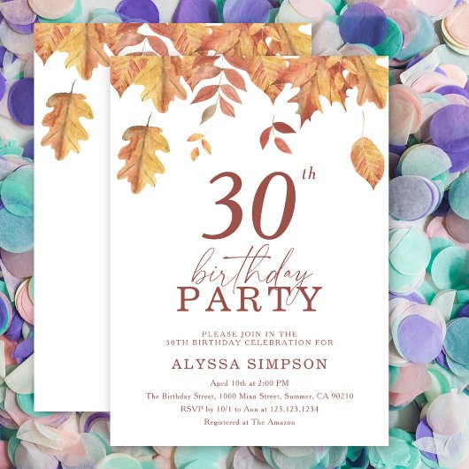 Invitation d'anniversaire 30 ans feuilles d'automn