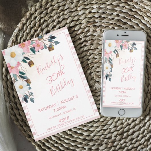 Invitation d'anniversaire 30 ans Fleur Rose Poussi