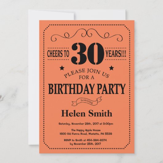 Invitation d'anniversaire 30 ans Noir et Corail (Devant)