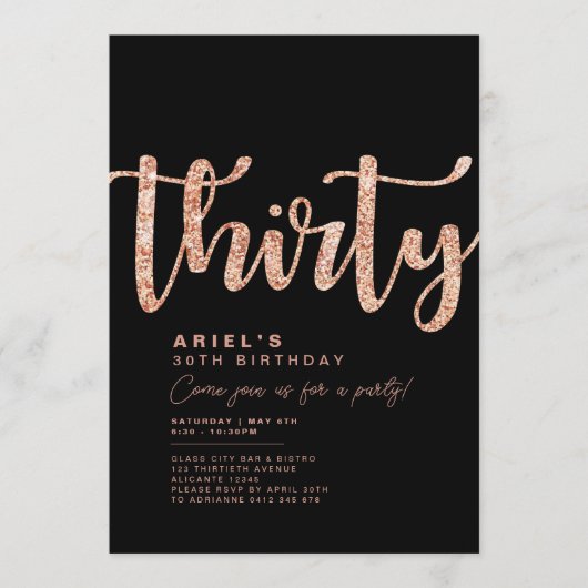 Invitation d'anniversaire 30 ans noir et or rose m (Devant)