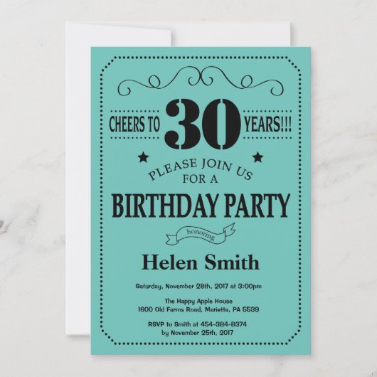 Invitation d'anniversaire 30 ans Noir et Sarcelle (Devant)