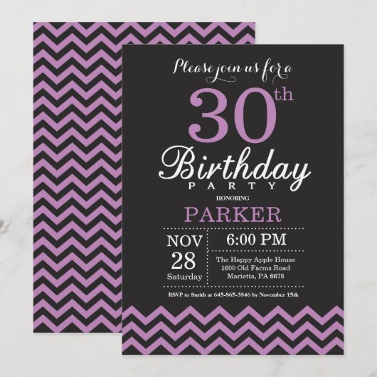 Invitation d'anniversaire 30 ans noir et violet (Devant / Derrière)