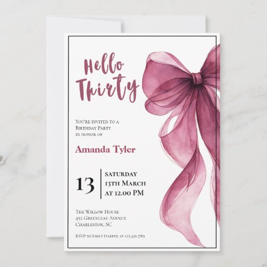 Invitation d'anniversaire 30 ans Plum Bow (Devant)