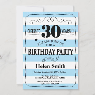 Invitation d'anniversaire 30 ans rayures bleues et