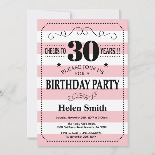 Invitation d'anniversaire 30 ans rayures roses et (Devant)