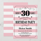 Invitation d'anniversaire 30 ans rayures roses et (Devant / Derrière)