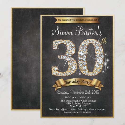 Invitation d'anniversaire 30 ans tableau noir diam (Devant / Derrière)
