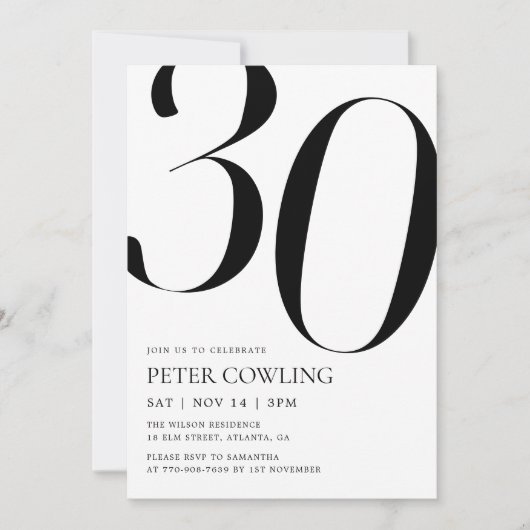 Invitation d'anniversaire 30 ans Typographie Gras (Devant)