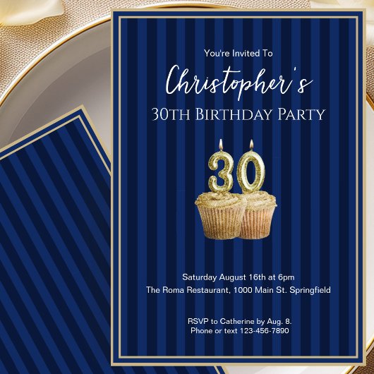 Invitation d'anniversaire 30 ans Unique Bleu Or po