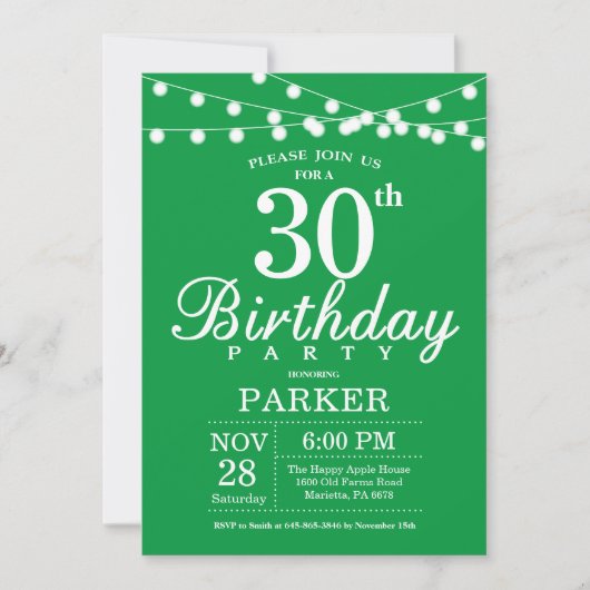 Invitation d'anniversaire 30 ans Vert (Devant)