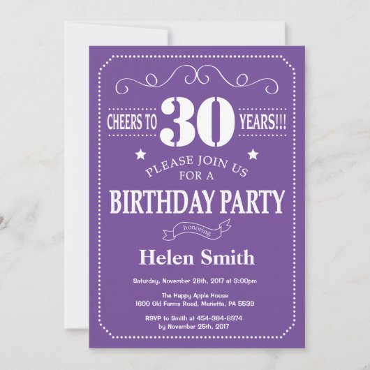 Invitation d'anniversaire 30 ans Violet et Blanc (Devant)