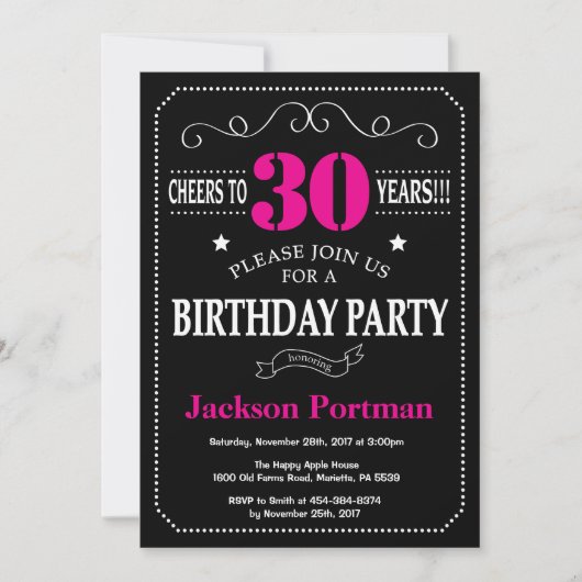 Invitation d'anniversaire 30e tableau noir rose ch (Devant)