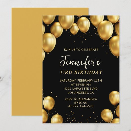 Invitation d'anniversaire 33 ans Ballons Confettis (Devant / Derrière)