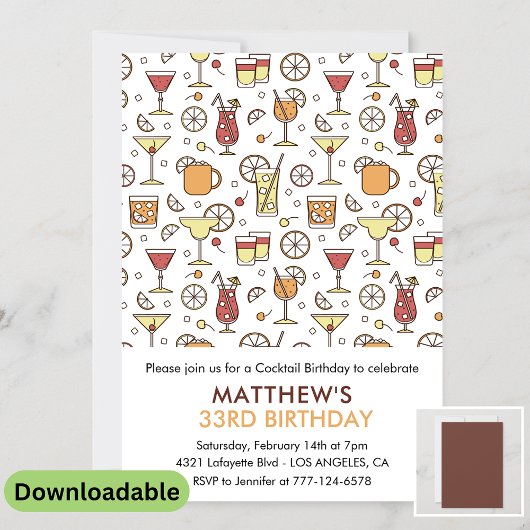 Invitation d'anniversaire 33 ans Cocktail Pattern 