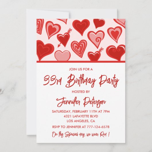 Invitation d'anniversaire 33 ans cœurs rouges rose (Devant)