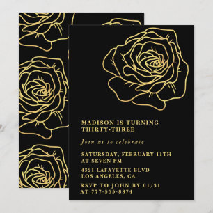 Invitation d'anniversaire 33 ans Fleurs Noir Or