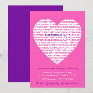 Invitation d'anniversaire 33 ans Grand cœur rose