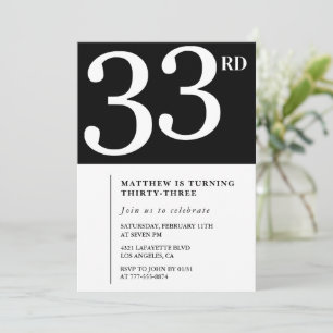 Invitation d'anniversaire 33 ans Homme Noir Blanc