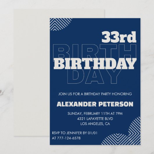 Invitation d'anniversaire 33 ans Hommes Bleu marin (Devant / Derrière)