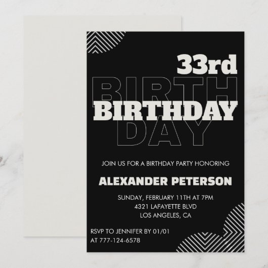 Invitation d'anniversaire 33 ans Hommes Noir (Devant / Derrière)