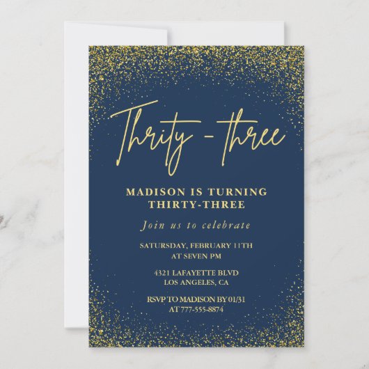 Invitation d'anniversaire 33 ans Paillettes Bleu O (Devant)