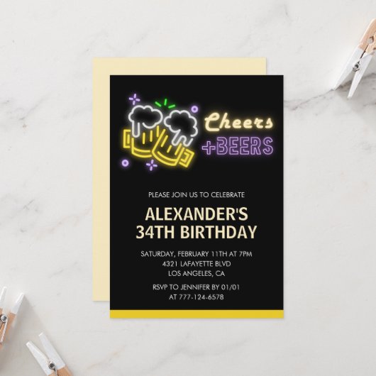 Invitation d'anniversaire 34 ans Boissons Bière Ch (Devant/Arrière en situation)
