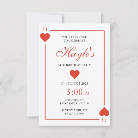 Invitation d'anniversaire 34 ans Queen of Hearts C (Devant)