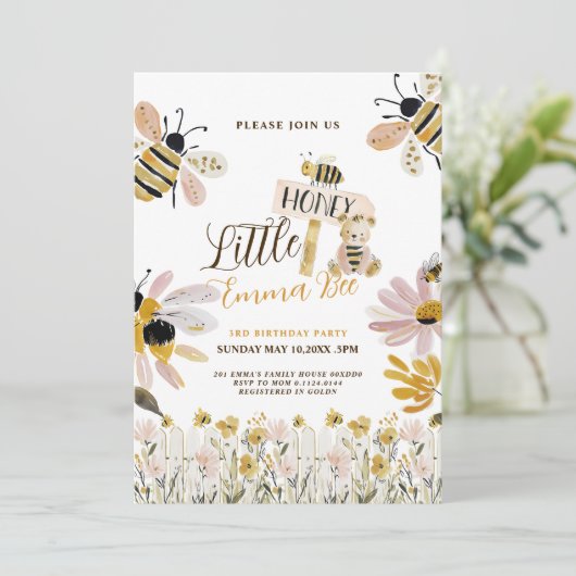 Invitation d'anniversaire 3 ans de petite abeille (Debout devant)