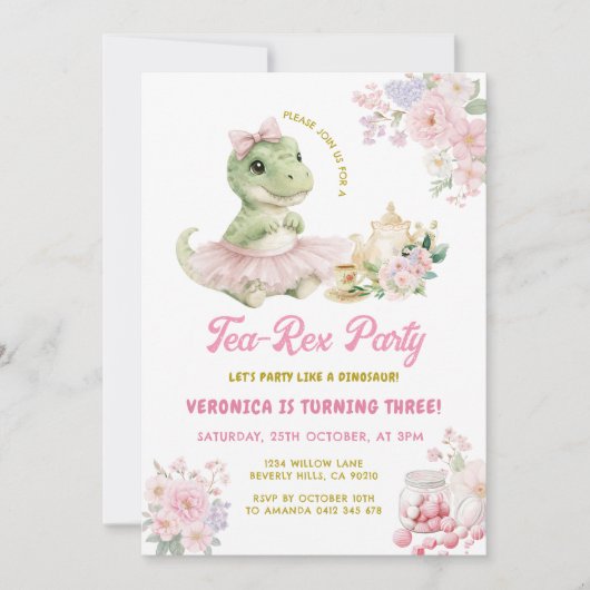 Invitation d'anniversaire 3 ans dinosaure T-Rex fl (Devant)