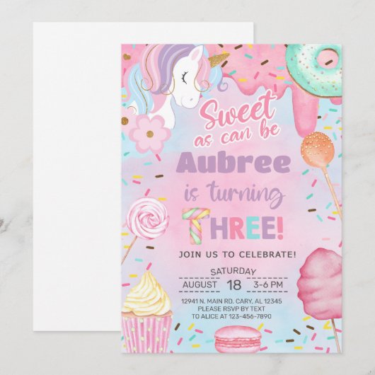 Invitation d'anniversaire 3 ans fille Licorne douc (Devant / Derrière)