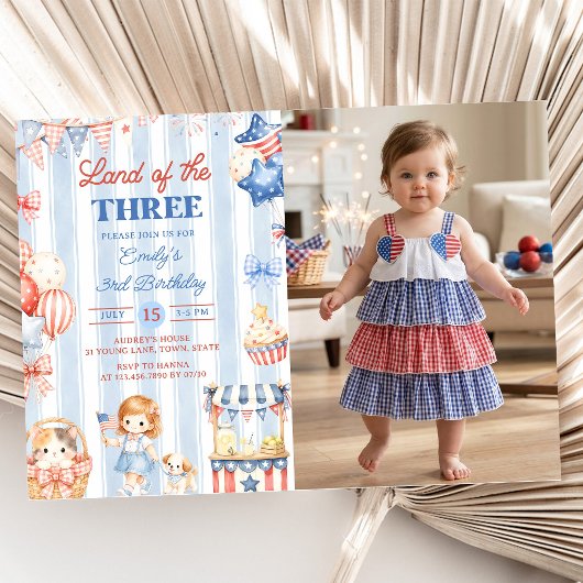 Invitation d'anniversaire 3 ans Fille Rayures Amér