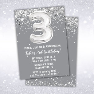 Invitation d'anniversaire 3 ans Gris Argent
