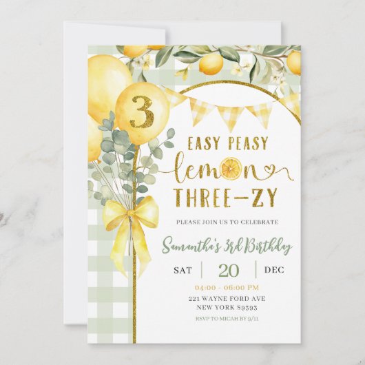 Invitation d'anniversaire 3 ans Lemon Gingham (Devant)