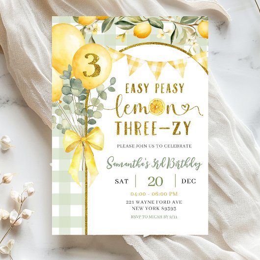 Invitation d'anniversaire 3 ans Lemon Gingham