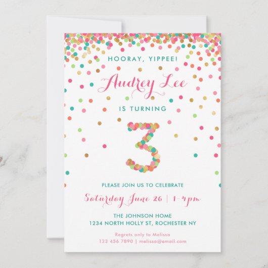 Invitation d'anniversaire 3 ans pour filles fête (Devant)