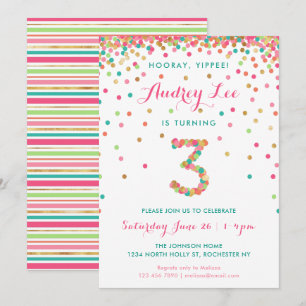 Invitation d'anniversaire 3 ans pour filles  fête 