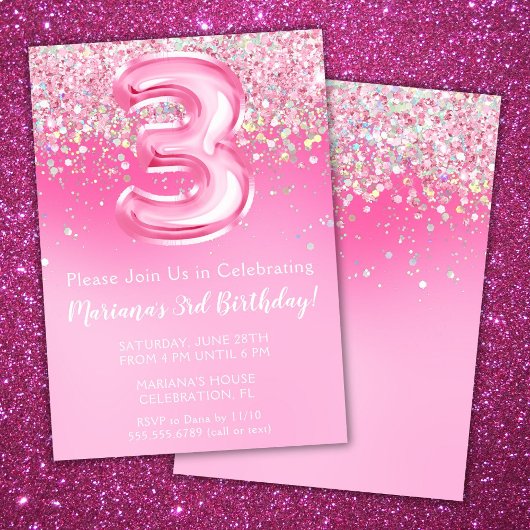 Invitation d'anniversaire 3 ans rose fille paillet