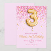 Invitation d'anniversaire 3 ans Rose Fille Paillet (Devant / Derrière)