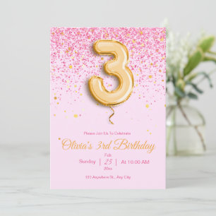 Invitation d'anniversaire 3 ans Rose Fille Paillet