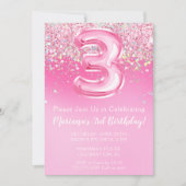 Invitation d'anniversaire 3 ans rose fille paillet (Devant)