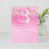 Invitation d'anniversaire 3 ans rose fille paillet (Debout devant)