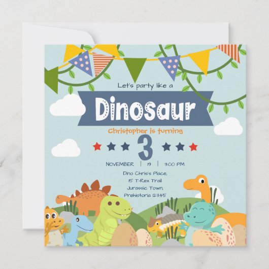 Invitation d'anniversaire 3 ans sur le thème des d (Devant)