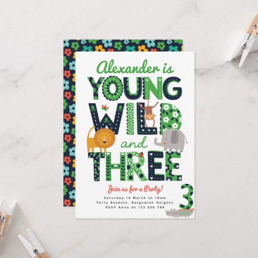 Invitation d'anniversaire 3 ans, Young Wild Three, (Devant/Arrière en situation)